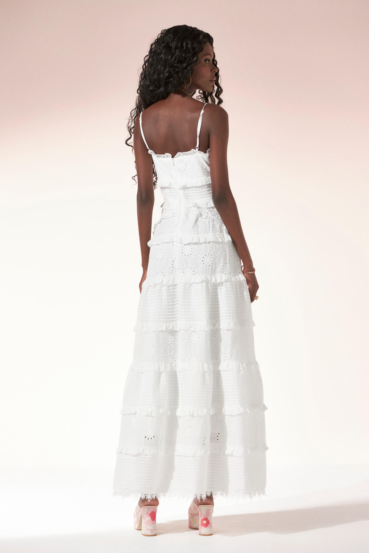 PINTUCK STRAPPY EYELET DRESS WITH RUFFLES